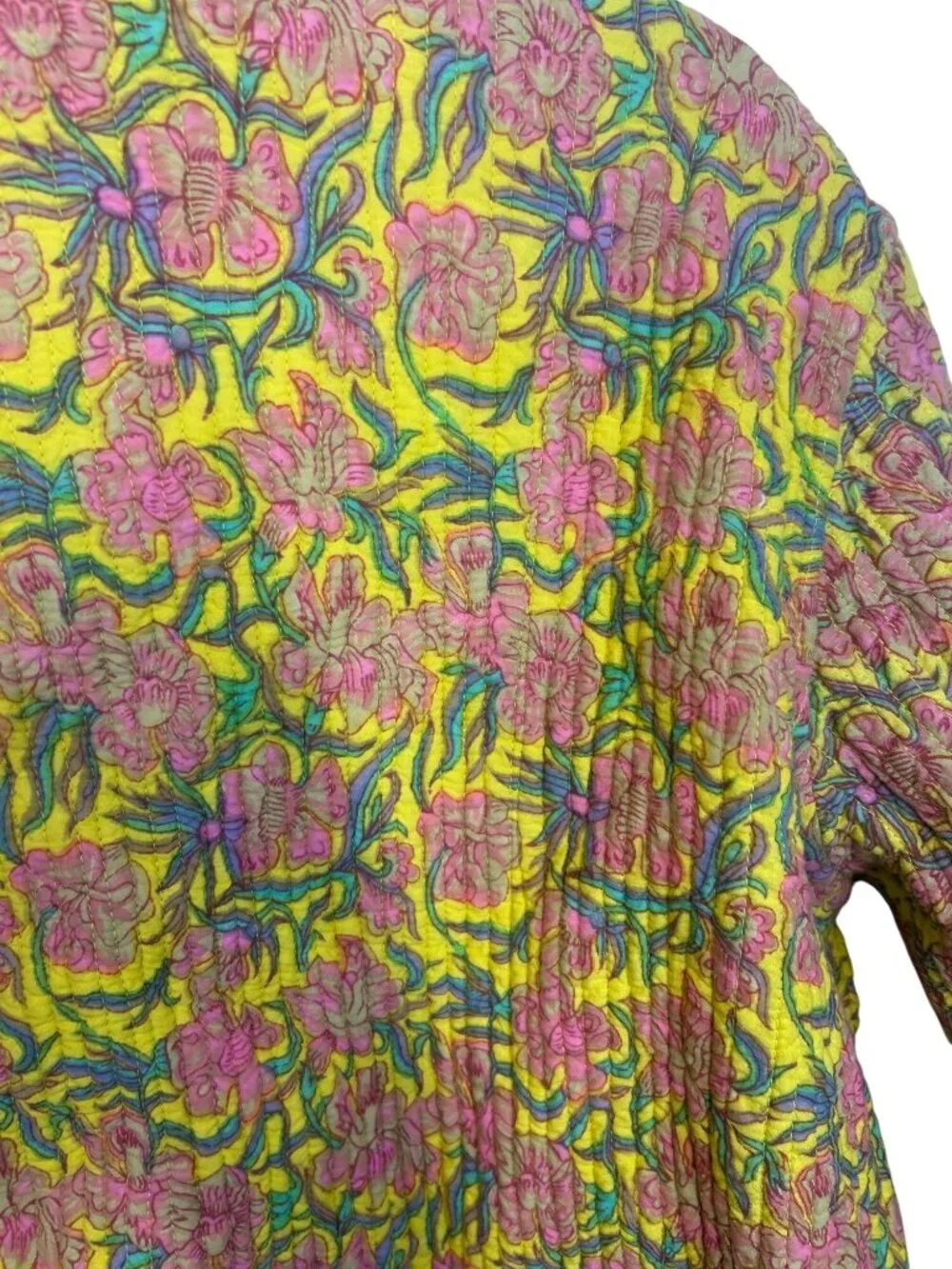 Anu by Natural Reversible Quilted Floral Jacket Yellow Blue Button Artisan